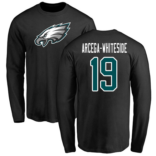 Men Philadelphia Eagles #19 JJ Arcega-Whiteside Black Name and Number Logo Long Sleeve NFL T Shirt